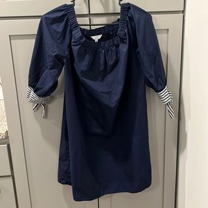 Navy off the shoulder dress with striped bow sleeve